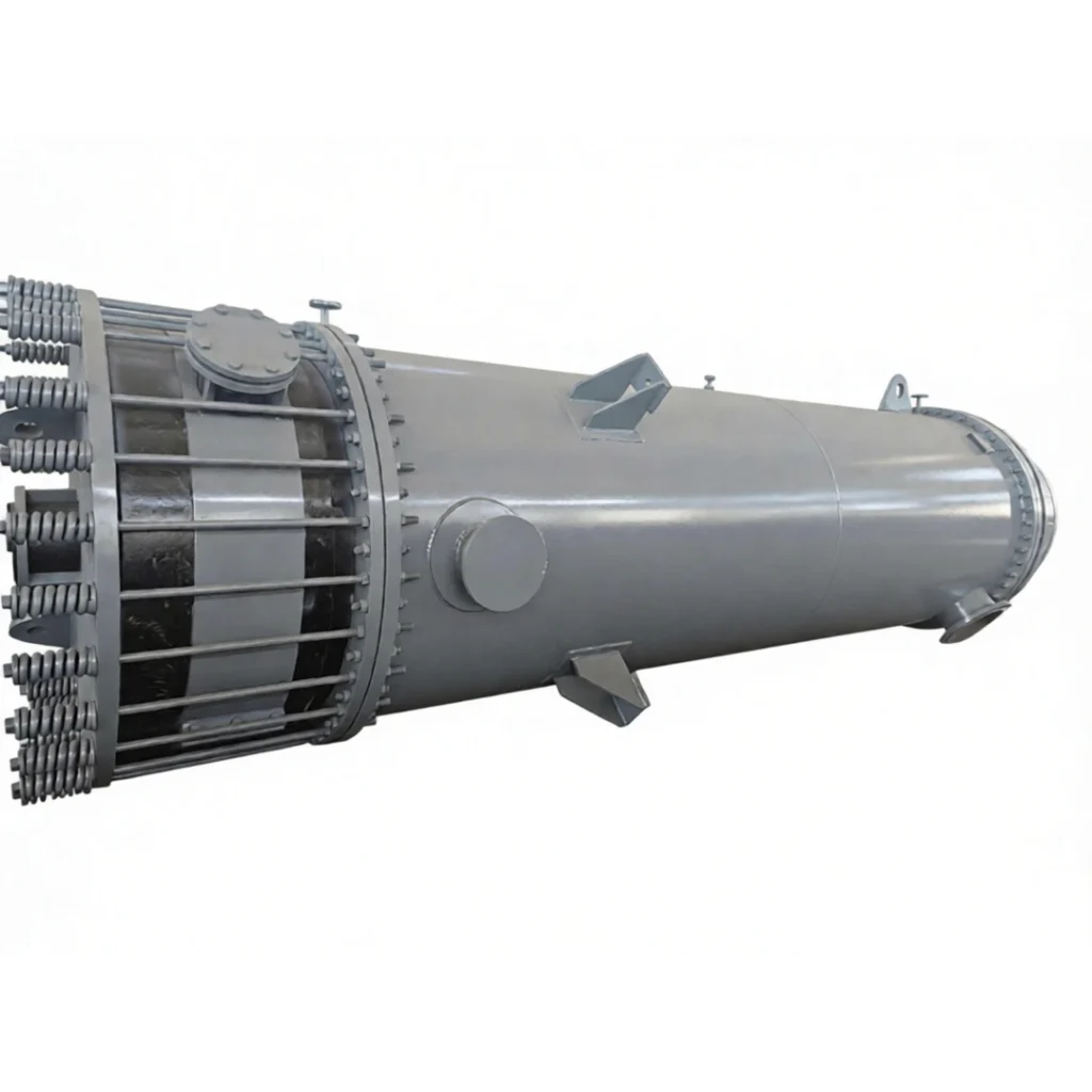 Side view of graphite block heat exchanger, precision machined graphite barrel with dense axial holes for heat exchange