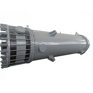 Side view of graphite block heat exchanger, precision machined graphite barrel with dense axial holes for heat exchange