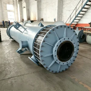 Side view of graphite tube and shell heat exchanger in stock, horizontal graphite tube and shell heat exchanger stored before delivery