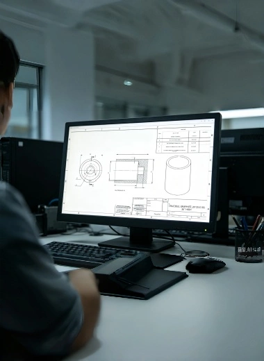 Custom‑machined graphite parts, CAD engineering drawing on computer screen together with finished graphite machined component, technical design for graphite custom fabrication