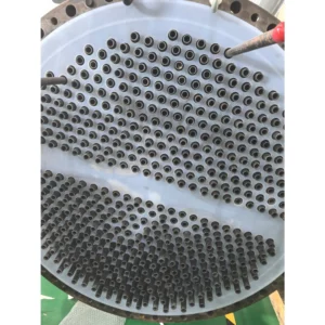 Close-up detail of SiC heat exchanger tube plate assembly, silicon carbide tube and tube sheet fitting