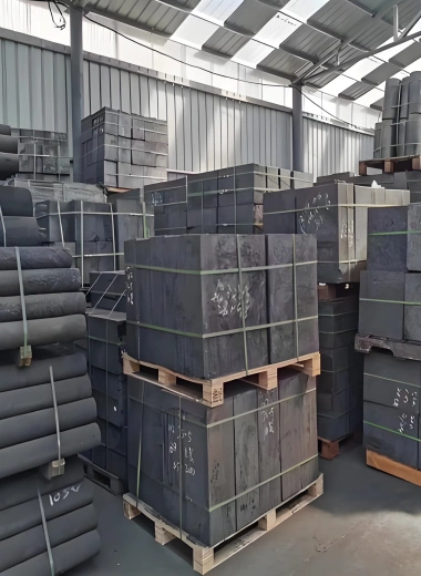 Assorted graphite block stock in storage, different purity and density graphite blanks ready for graphite component machining